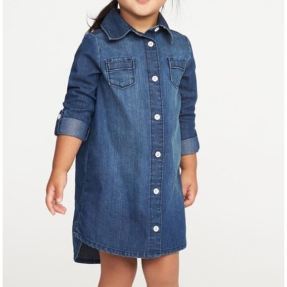~ Old Navy Girls 4T Denim Shirt Dress Blue Long Sleeve Jean Pockets Button Up - Picture 1 of 11
